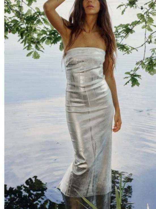 Zara Dresses & Skirts - Zara silver denim Strapless Silver Maxi Dress - Elegant Evening Gown photoshoot